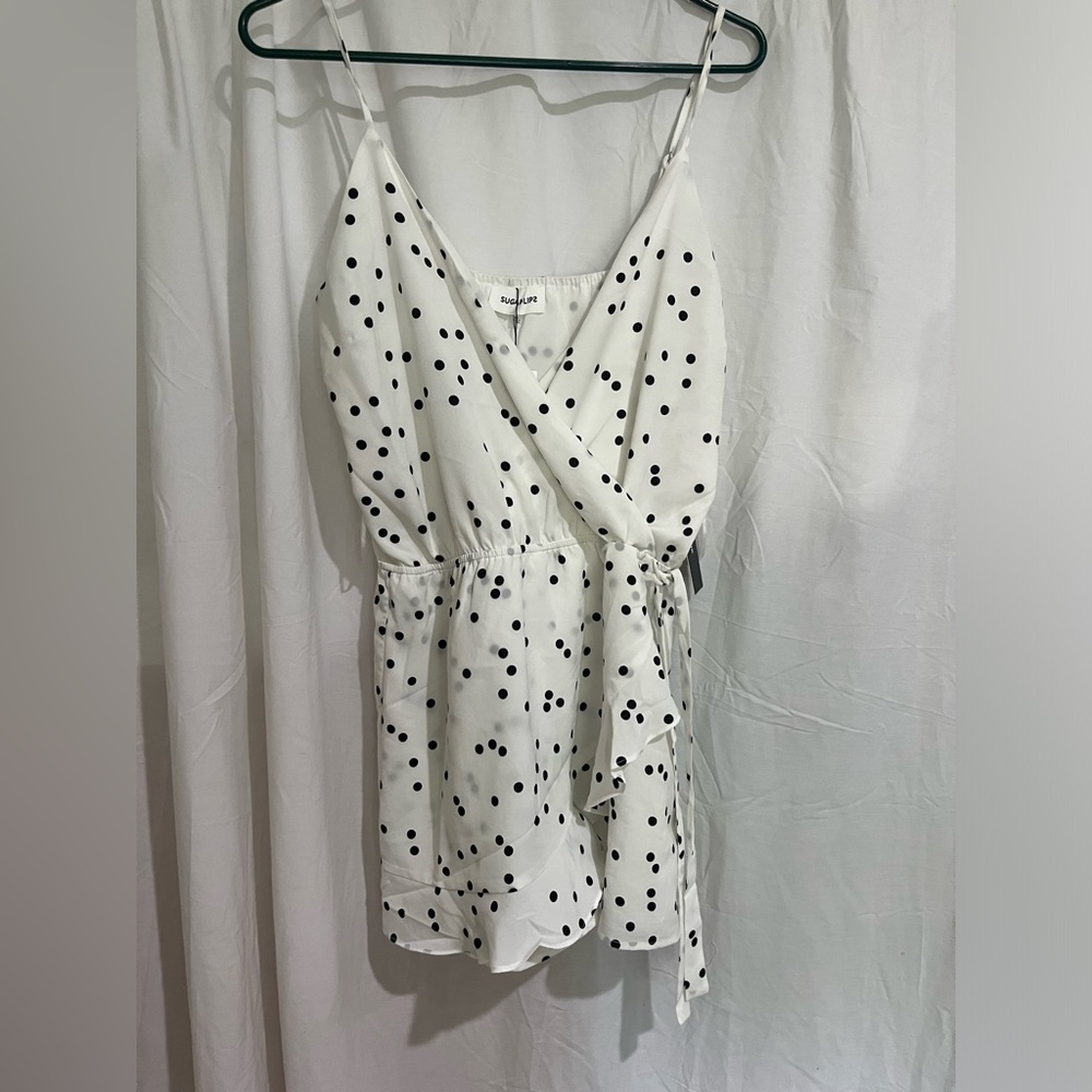 Sugarlips White Polka Dot Wrap Romper with Black Spots